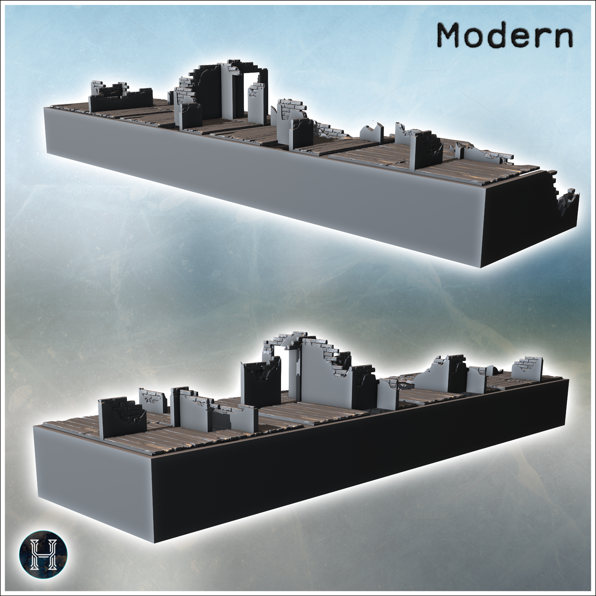 Ruined brick wall with collapsed wooden floor and broken stone foundation (1) - Modern WW2 WW1 World War Diaroma Wargaming RPG Mini Hobby
